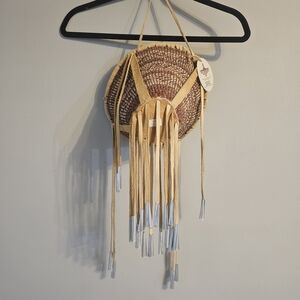 Woven Round Fringe Crossbody Bag in Tan and Brown